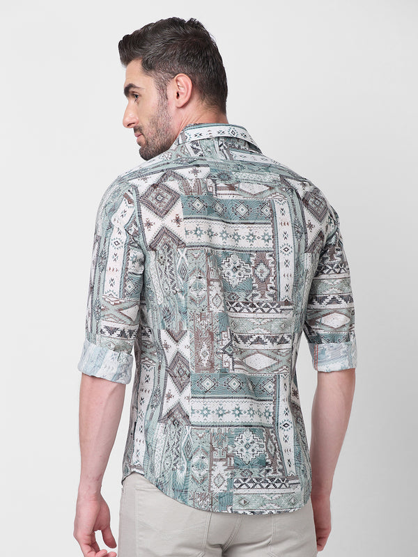Full sleeves Slim Fit Pista Tribal Geometric Motif Print Shirt