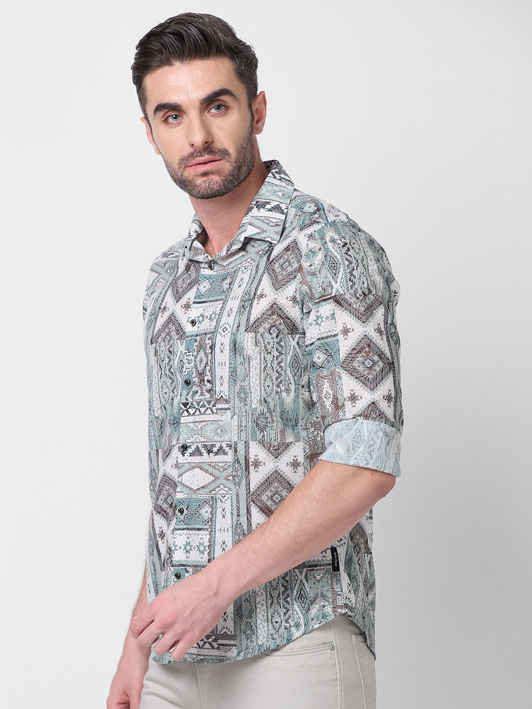 Full sleeves Slim Fit Pista Tribal Geometric Motif Print Shirt