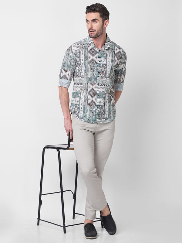 Full sleeves Slim Fit Pista Tribal Geometric Motif Print Shirt