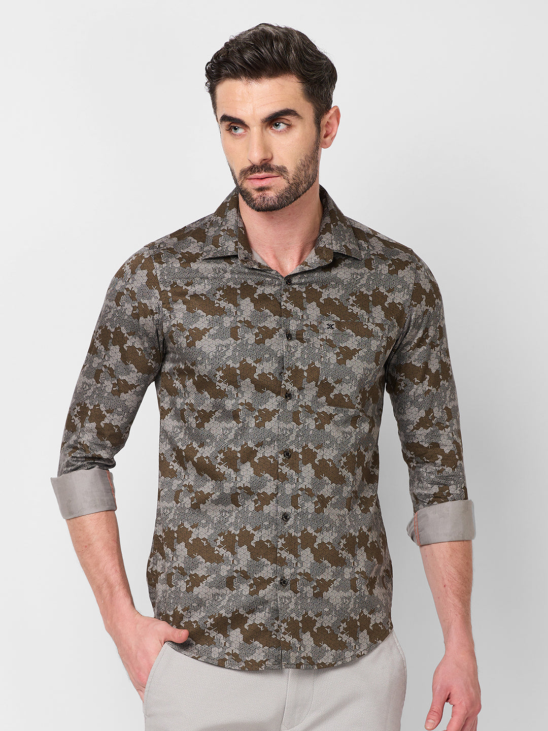 Killer Men Khaki Printed Slim Fit Shirts