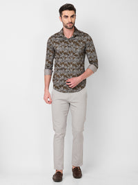 Full sleeves Slim Fit Khaki Camau Printed Satin Shirt