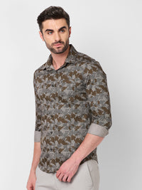 Full sleeves Slim Fit Khaki Camau Printed Satin Shirt