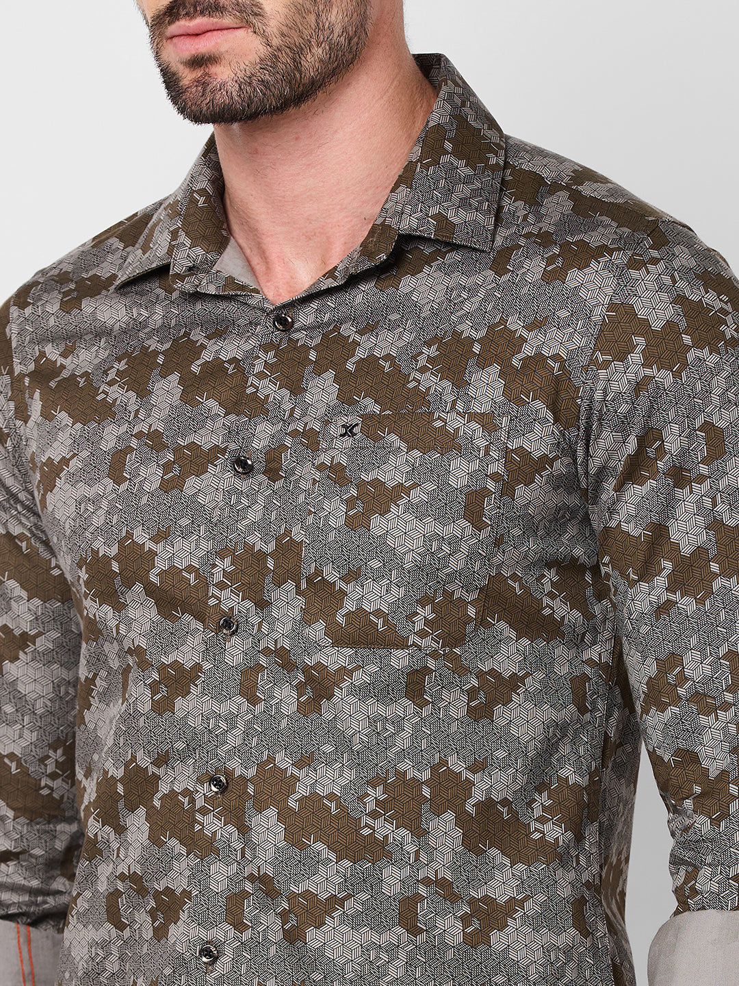 Full sleeves Slim Fit Khaki Camau Printed Satin Shirt