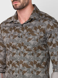 Full sleeves Slim Fit Khaki Camau Printed Satin Shirt