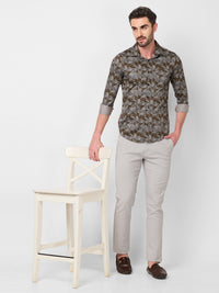 Full sleeves Slim Fit Khaki Camau Printed Satin Shirt