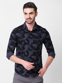 Full sleeves Slim Fit Slate Grey Angular Shapes Print Shirt