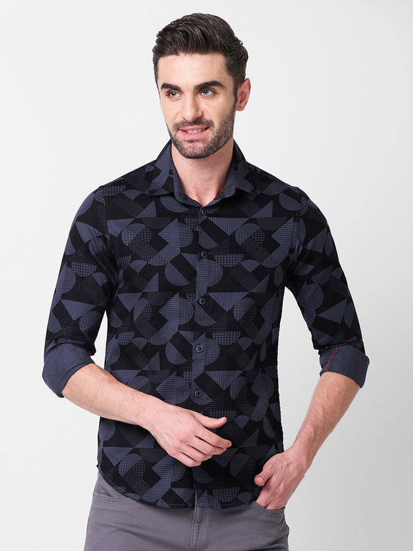 Full sleeves Slim Fit Slate Grey Angular Shapes Print Shirt