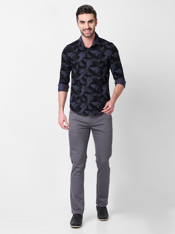 Full sleeves Slim Fit Slate Grey Angular Shapes Print Shirt