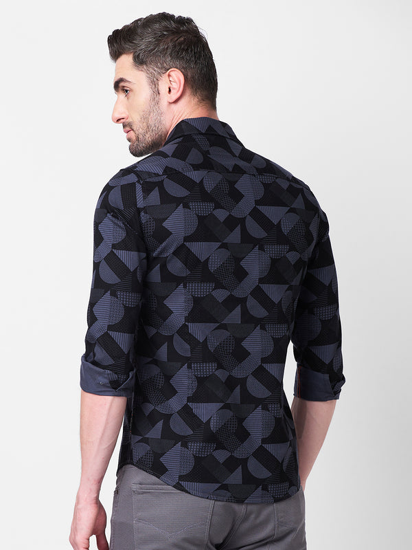 Full sleeves Slim Fit Slate Grey Angular Shapes Print Shirt