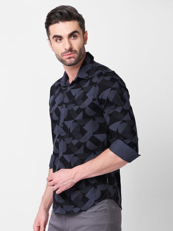 Full sleeves Slim Fit Slate Grey Angular Shapes Print Shirt