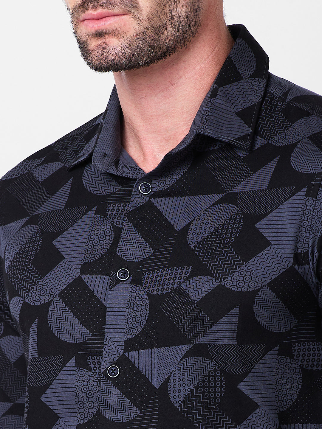 Full sleeves Slim Fit Slate Grey Angular Shapes Print Shirt