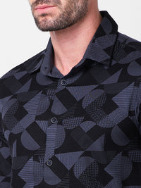 Full sleeves Slim Fit Slate Grey Angular Shapes Print Shirt