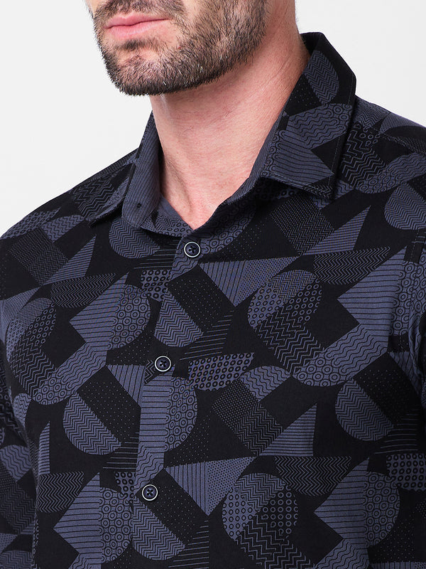 Full sleeves Slim Fit Slate Grey Angular Shapes Print Shirt