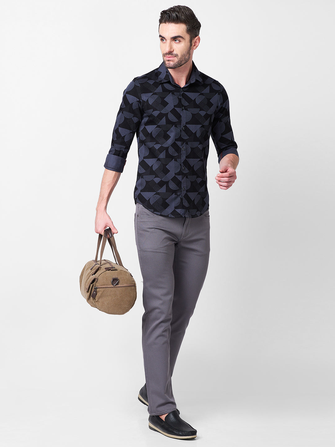 Full sleeves Slim Fit Slate Grey Angular Shapes Print Shirt