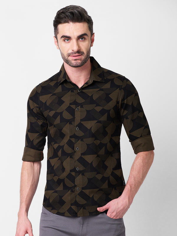 Full sleeves Slim Fit Olive Angular Shapes Print Shirt