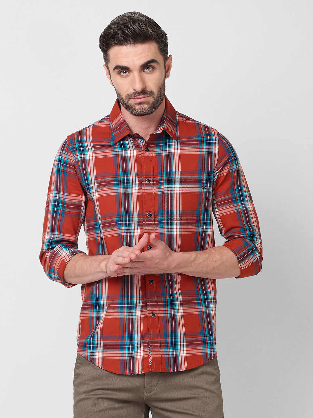 Full Sleeves Slim Fit Rust Checks Shirt