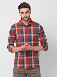 Full Sleeves Slim Fit Rust Checks Shirt