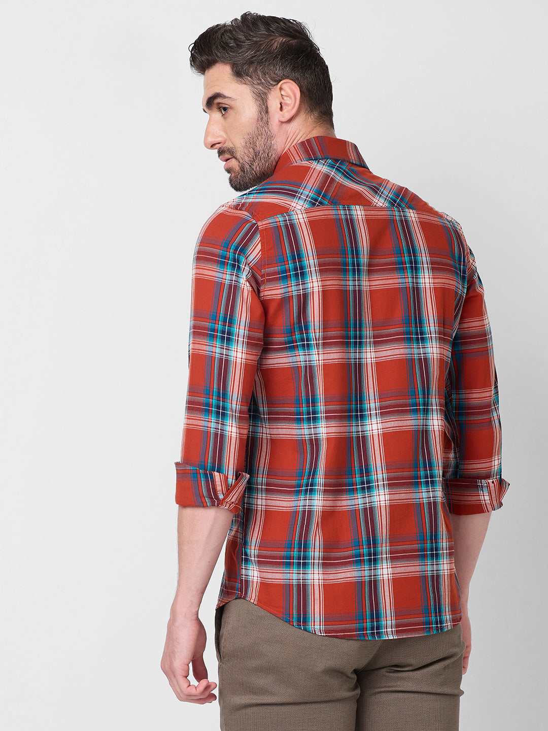 Full Sleeves Slim Fit Rust Checks Shirt