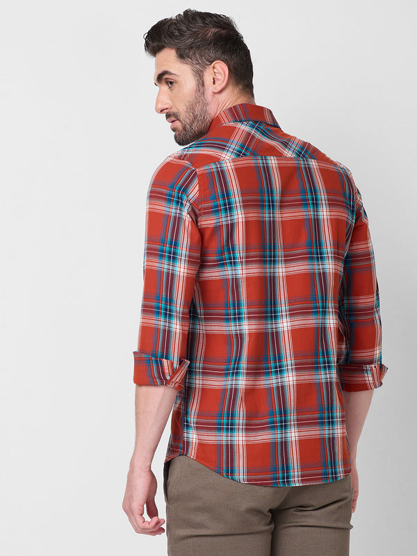 Full Sleeves Slim Fit Rust Checks Shirt