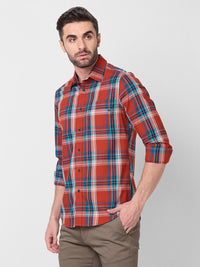 Full Sleeves Slim Fit Rust Checks Shirt