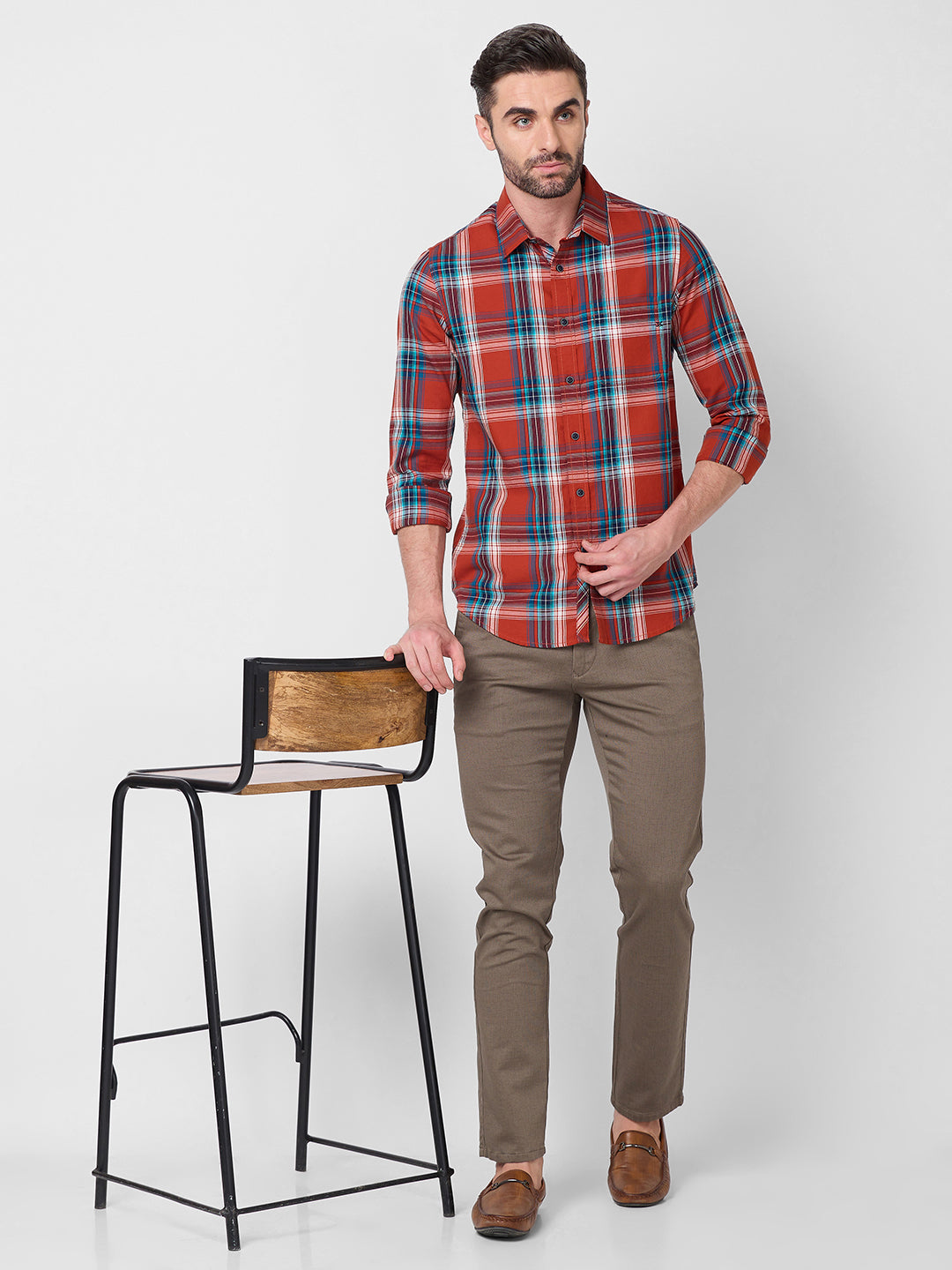Full Sleeves Slim Fit Rust Checks Shirt
