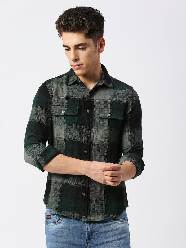 Killer Men Dark Green Checks Slim Fit Shirts
