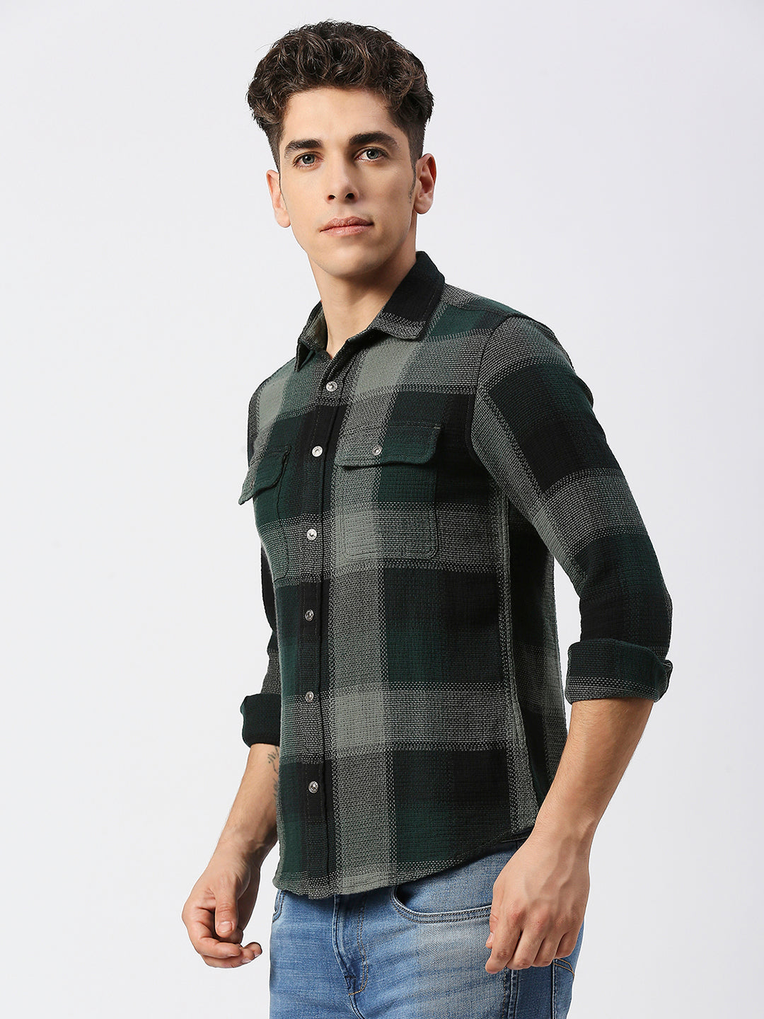 Killer Men Dark Green Checks Slim Fit Shirts