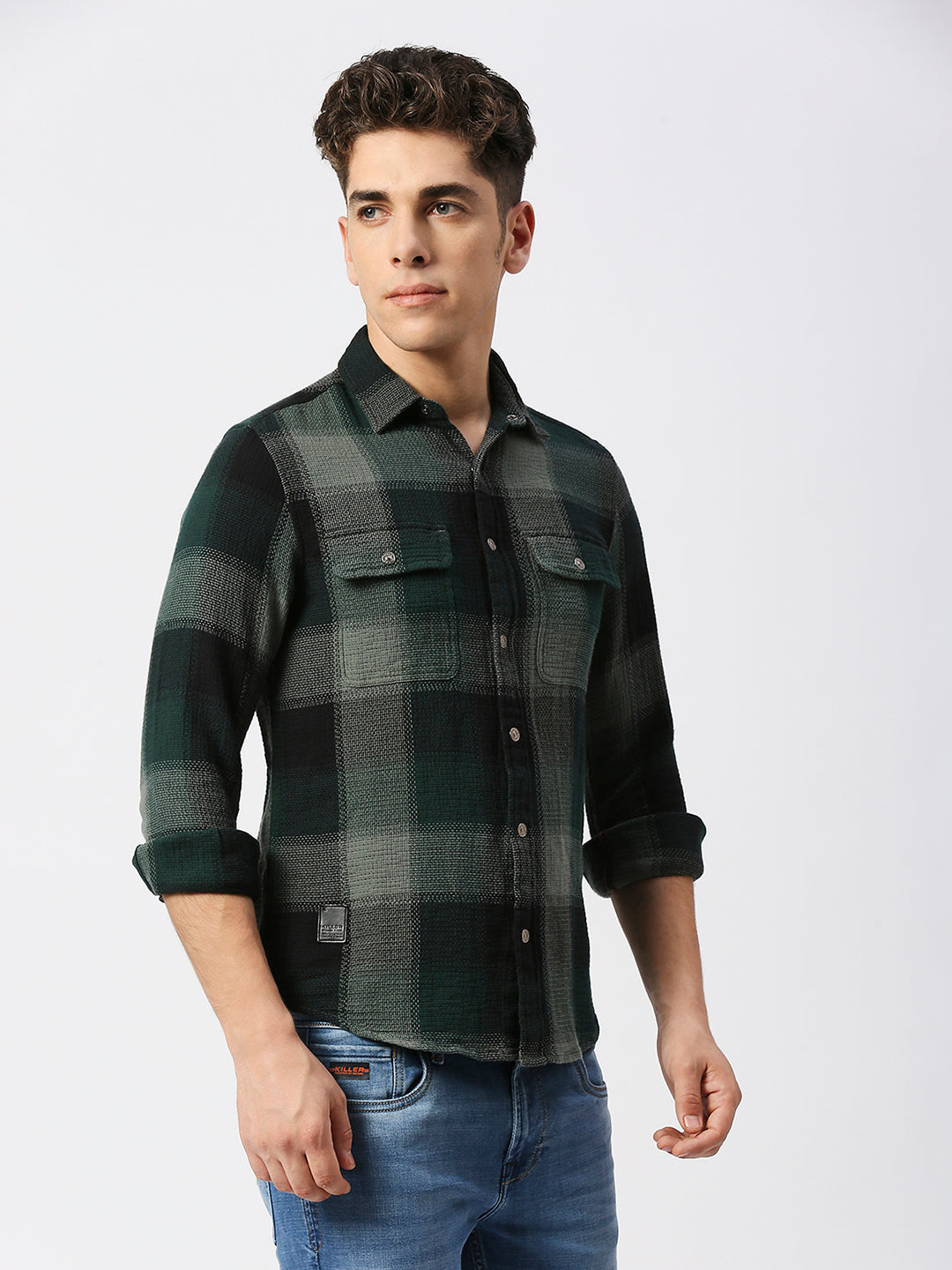 Killer Men Dark Green Checks Slim Fit Shirts