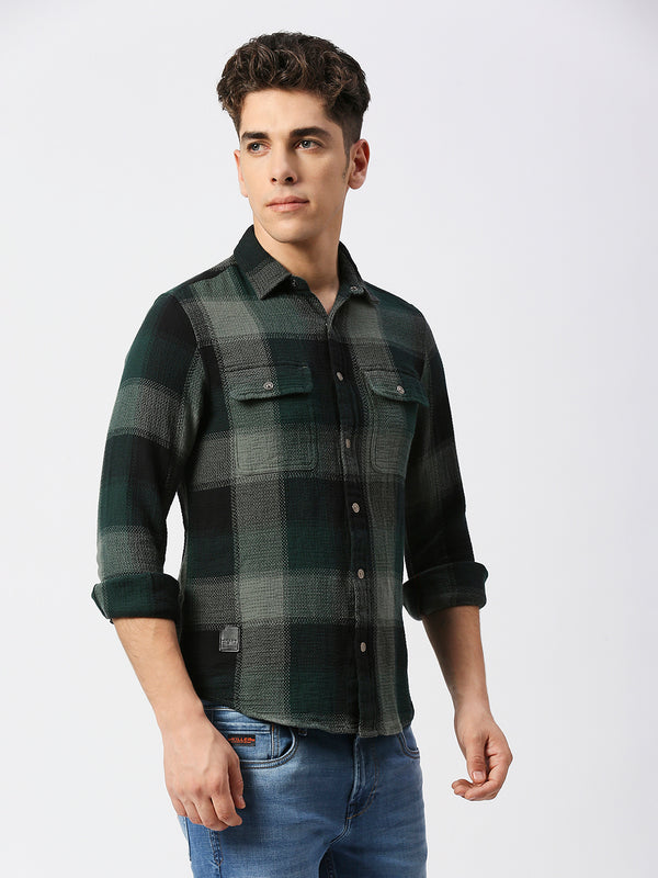 Killer Men Dark Green Checks Slim Fit Shirts