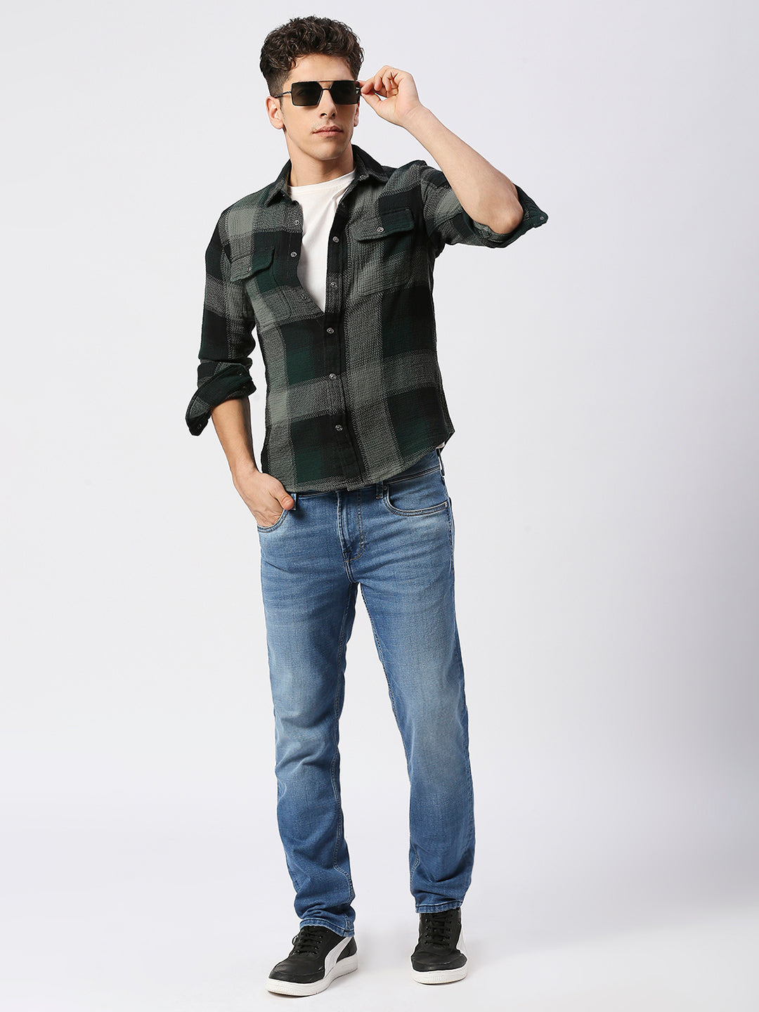 Killer Men Dark Green Checks Slim Fit Shirts