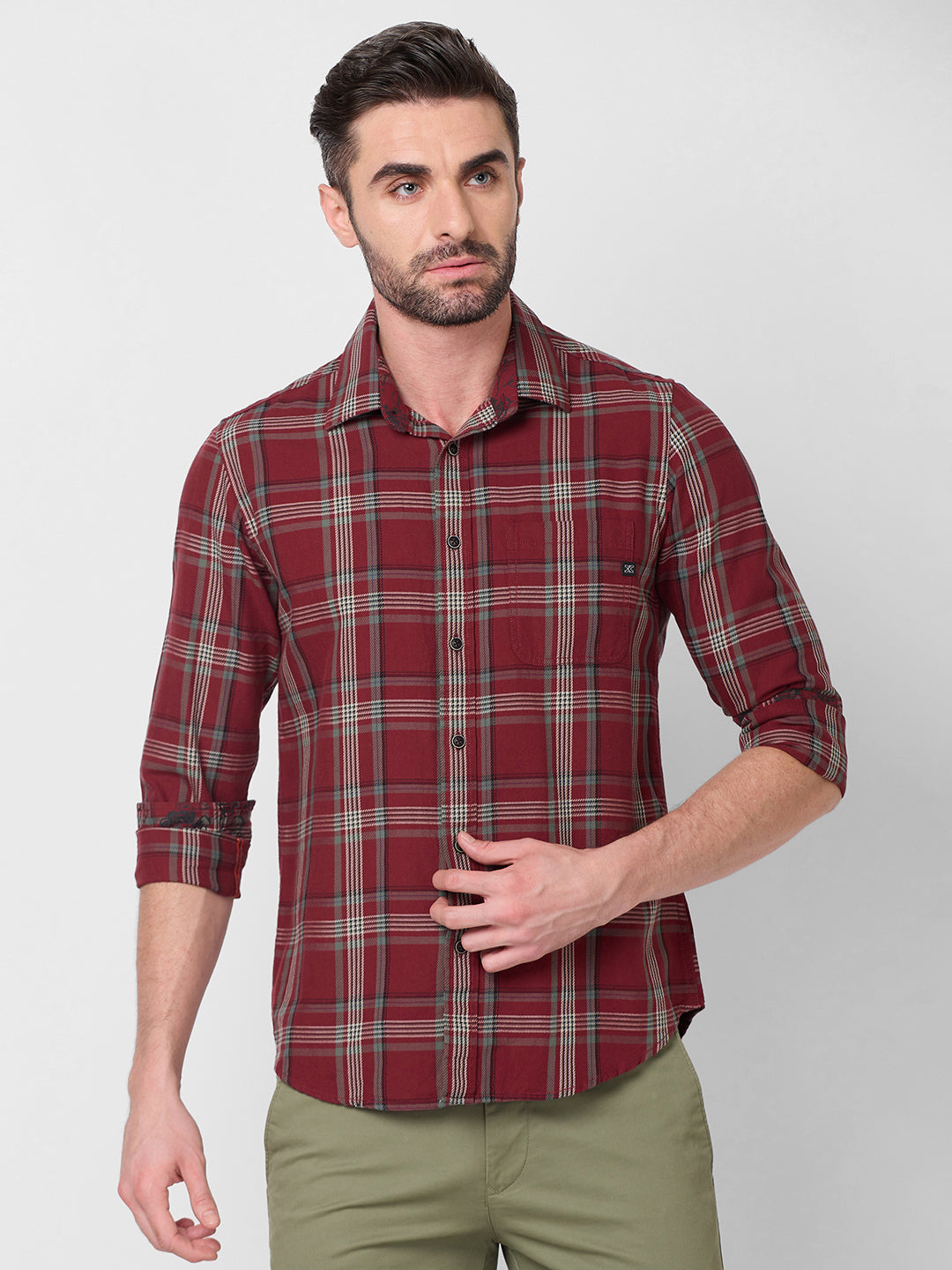 Killer Men Maroon Checks Slim Fit Shirts