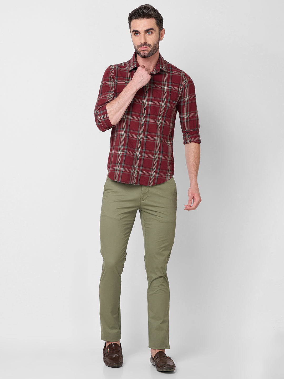 Full Sleeves Slim Fit Maroon Cavalry Checks Shirt