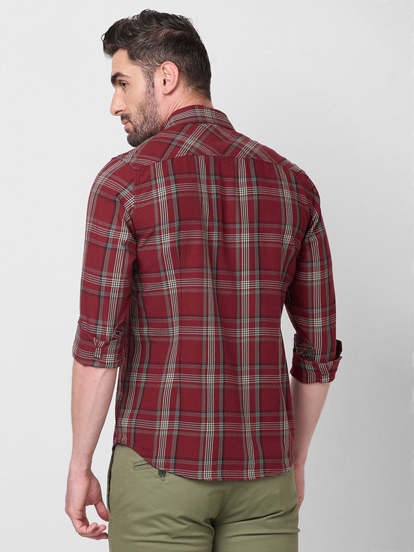 Full Sleeves Slim Fit Maroon Cavalry Checks Shirt