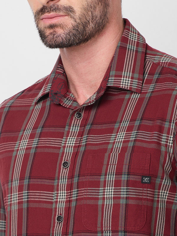 Full Sleeves Slim Fit Maroon Cavalry Checks Shirt