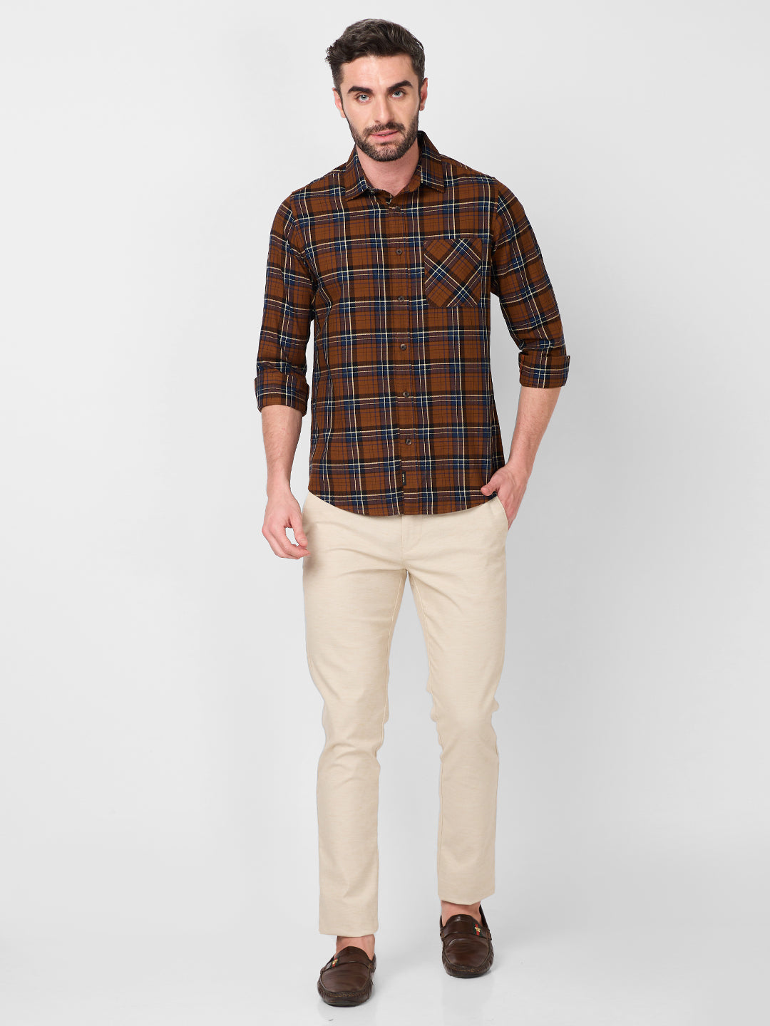 Killer Men Brown Checks Slim Fit Shirts