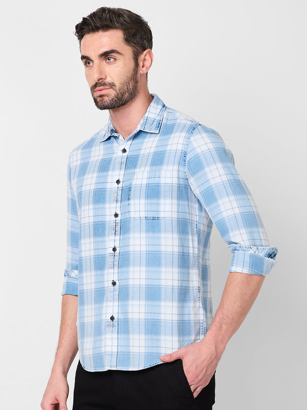 Killer Men Light Blue Checks Slim Fit Shirts