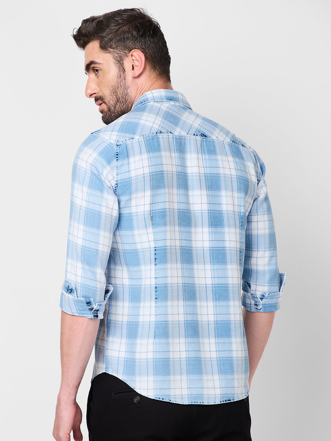 Full Sleeves Slim Fit Ice-Blue Washed Indigo Checks Shirt