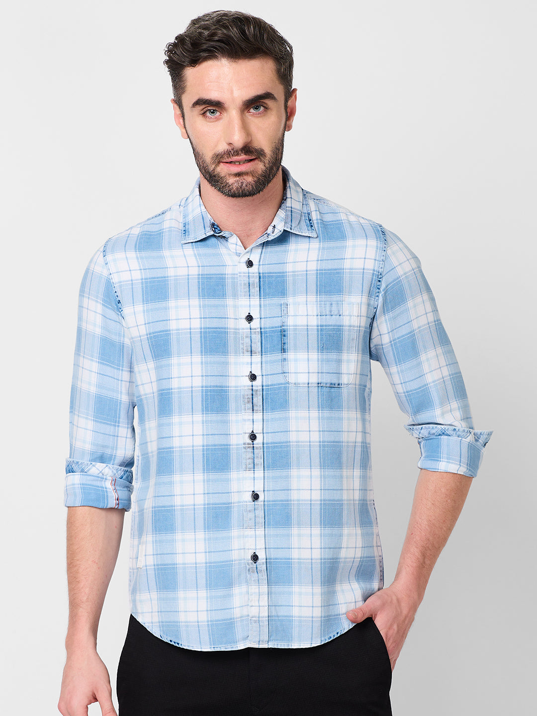 Killer Men Light Blue Checks Slim Fit Shirts