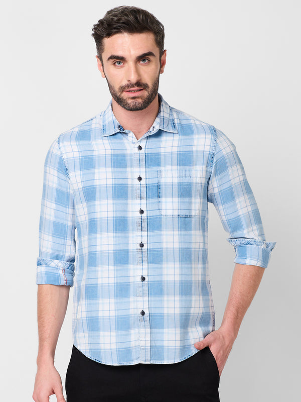 Killer Men Light Blue Checks Slim Fit Shirts