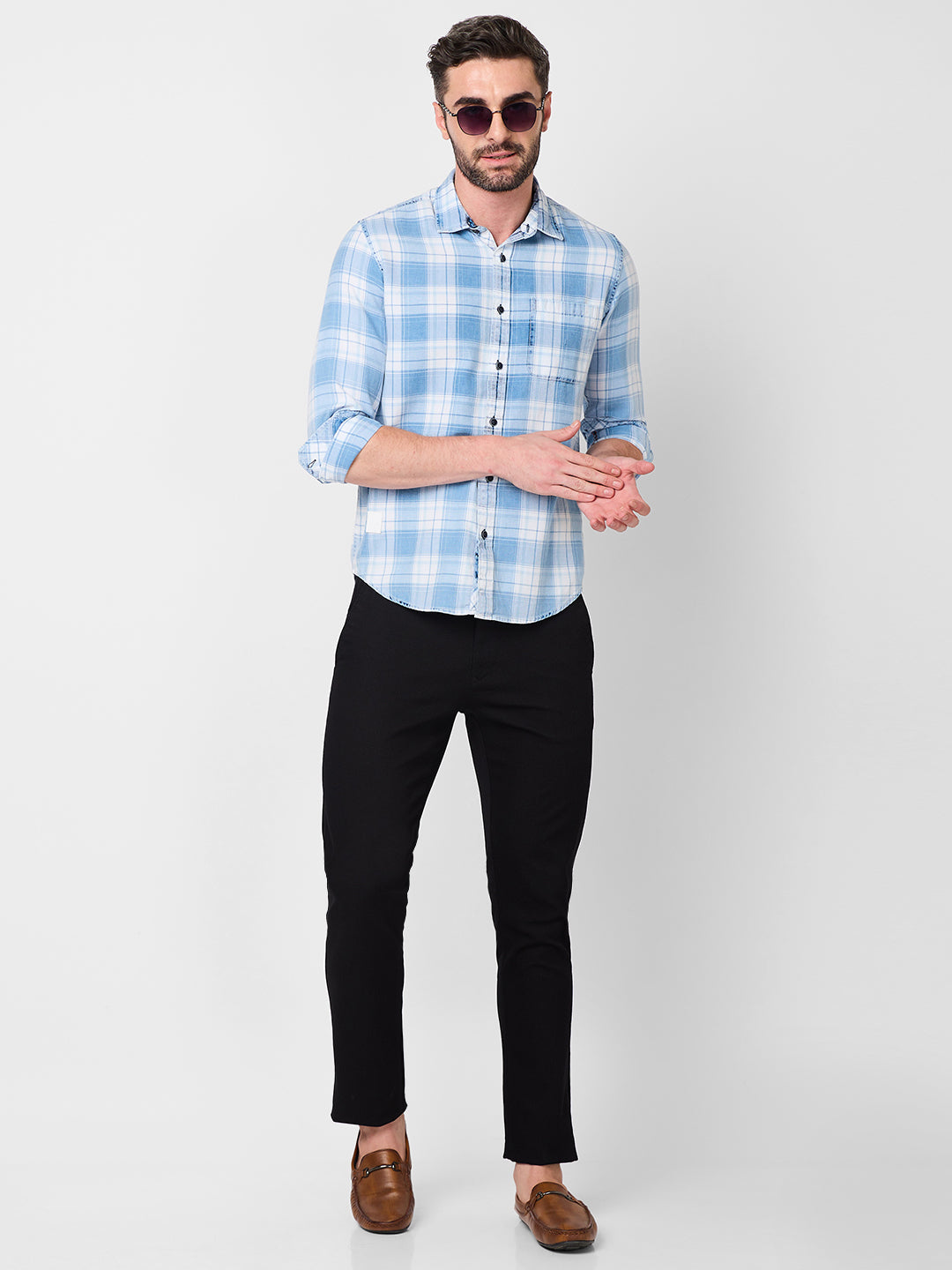 Killer Men Light Blue Checks Slim Fit Shirts