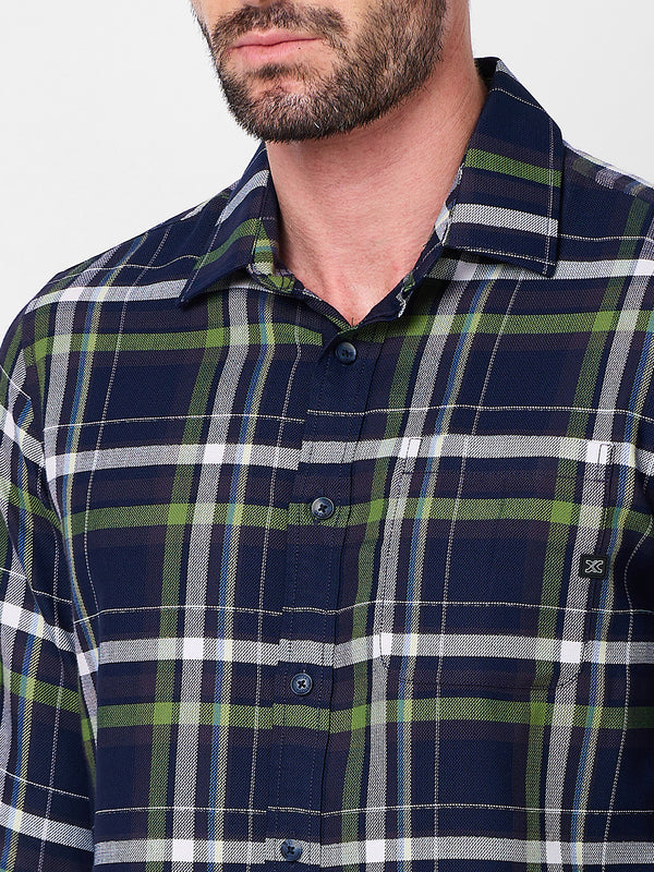 Full Sleeves Slim Fit Navy Structure Checks Shirt