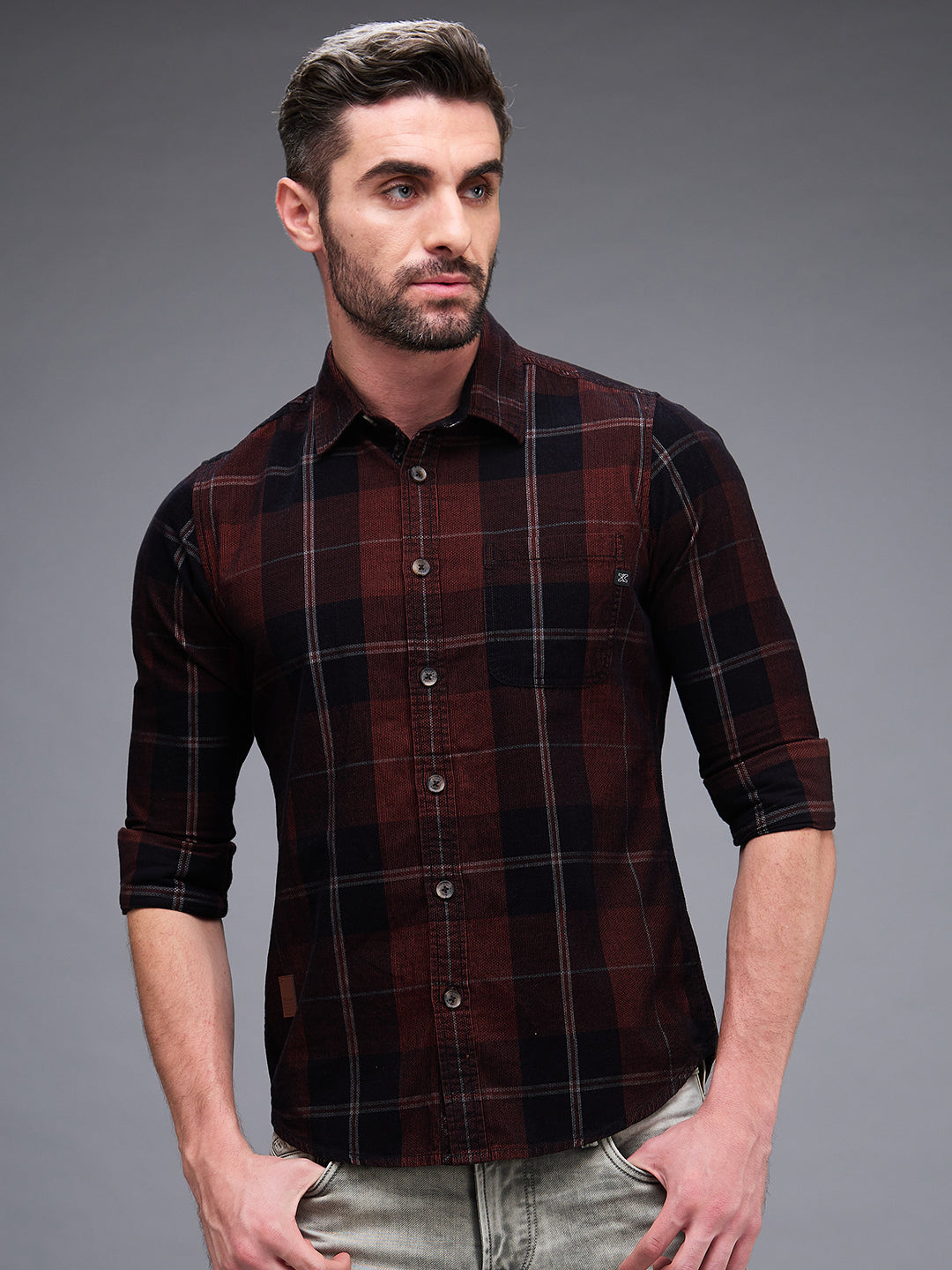 Killer Men Brown Checks Slim Fit Shirts