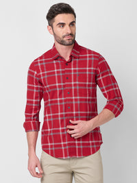 Full Sleeves Slim Fit Red Structure Oxford Checks Shirt