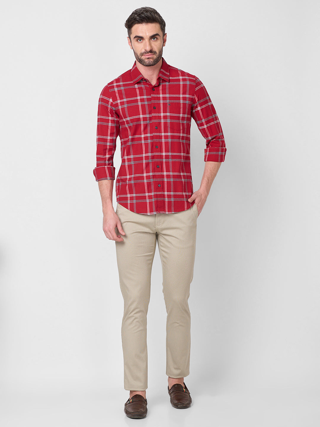 Full Sleeves Slim Fit Red Structure Oxford Checks Shirt