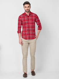 Full Sleeves Slim Fit Red Structure Oxford Checks Shirt