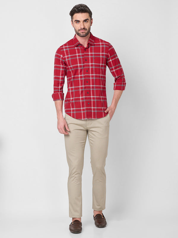 Full Sleeves Slim Fit Red Structure Oxford Checks Shirt