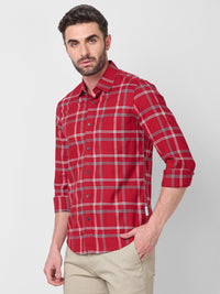 Full Sleeves Slim Fit Red Structure Oxford Checks Shirt