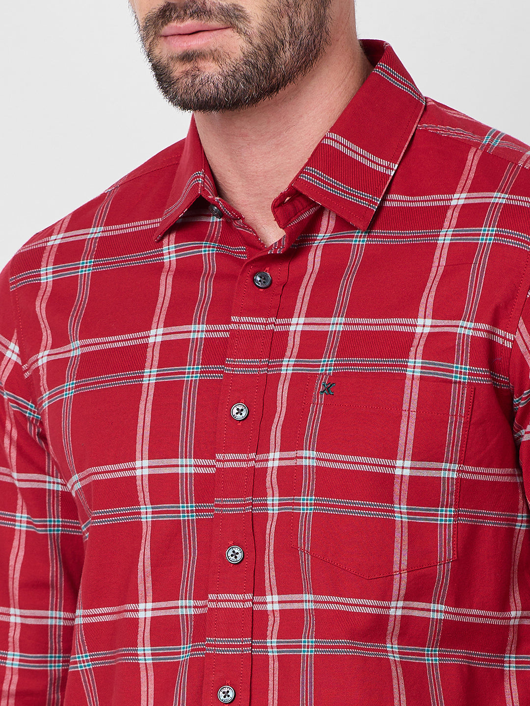 Full Sleeves Slim Fit Red Structure Oxford Checks Shirt