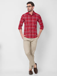 Full Sleeves Slim Fit Red Structure Oxford Checks Shirt