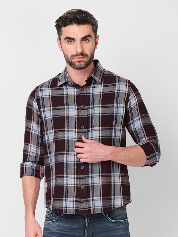 Killer Men Wine Checks Slim Fit Shirts